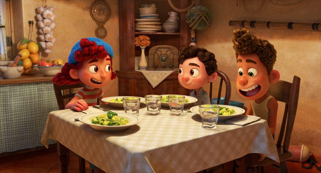 TRENETTE AL PESTO! -- Emma Berman, Jacob Tremblay and Jack Dylan Grazer provide the voices of a trio of new friends in Disney and Pixar’s “Luca.” Outgoing and charming, Giulia invites Luca and Alberto to her house where they have pasta for the first time—it’s a hit. What she doesn’t know, however, is that her new friends are actually sea monsters who just look human when they’re dry. Directed by Academy Award® nominee Enrico Casarosa (“La Luna”) and produced by Andrea Warren (“Lava,” “Cars 3”), “Luca” debuts on Disney+ on June 18, 2021. © 2021 Disney/Pixar. All Rights Reserved.
