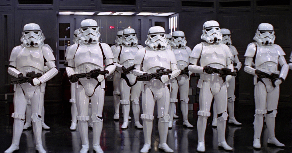 Stormtroopers standing at attention.