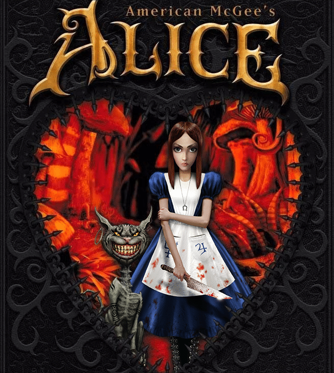 "American McGee's Alice" box art, showing a very un-Disney-looking Alice wielding a bloody knife alongside a Cheshire Cat you really don't want to pet.