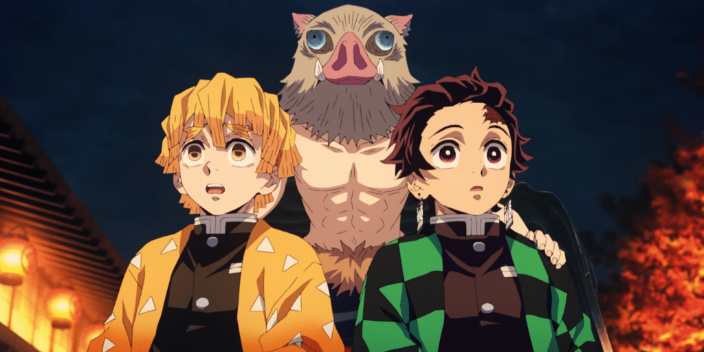 "Demon Slayer: Entertainment District Arc" screenshot showing Tanjiro, Zenitsu, and Inosuke gathering peacefully...which is not what they should be doing right now.