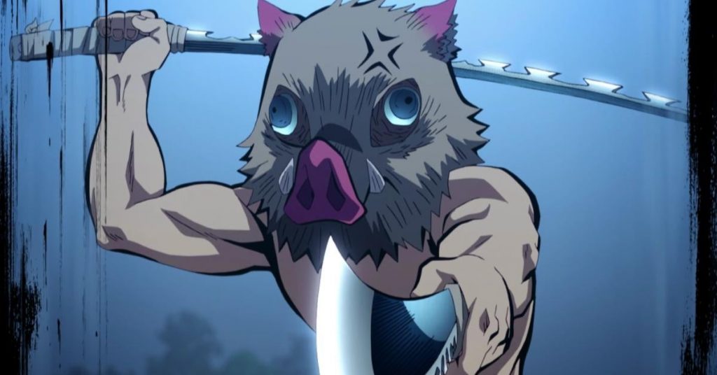 Screenshot from "Demon Slayer: Entertainment District Arc" featuring Inosuke in his boar mask.