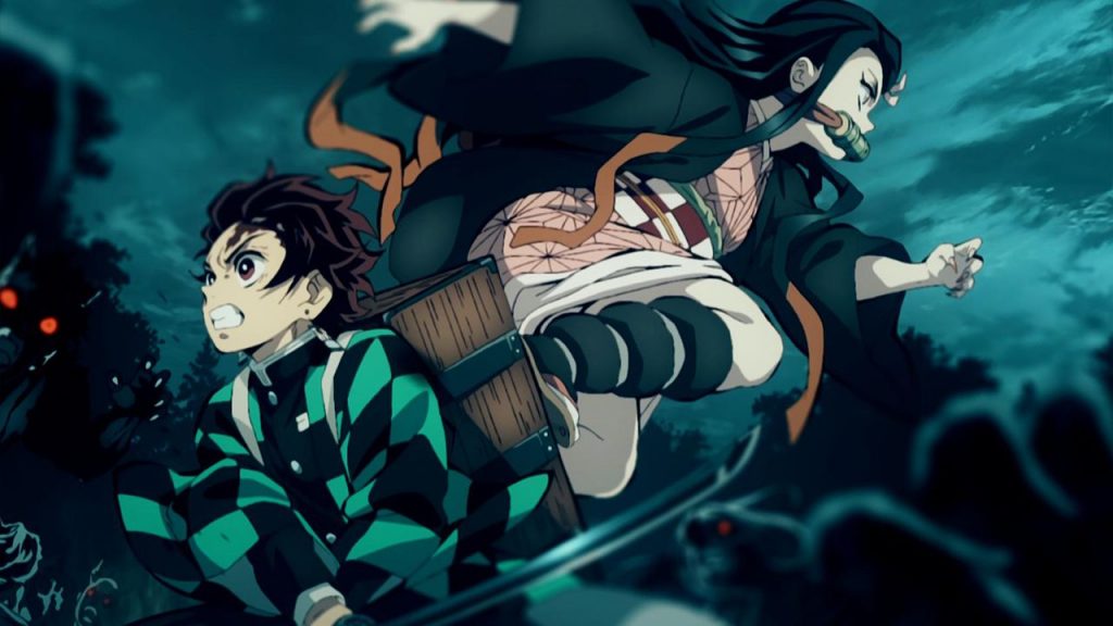 "Demon Slayer: Kimetsu no Yaiba" Ending 1 screenshot showing Tanjiro and Nezuko fighting together.