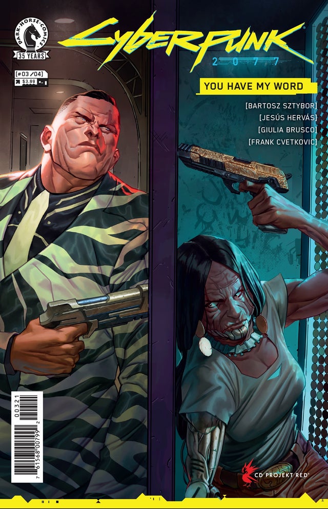 Cyberpunk 2077: You Have My Word #3 variant cover art showing Teresa and Big Bad Wannabe pointing their pistols at each other's heads...through a wall.