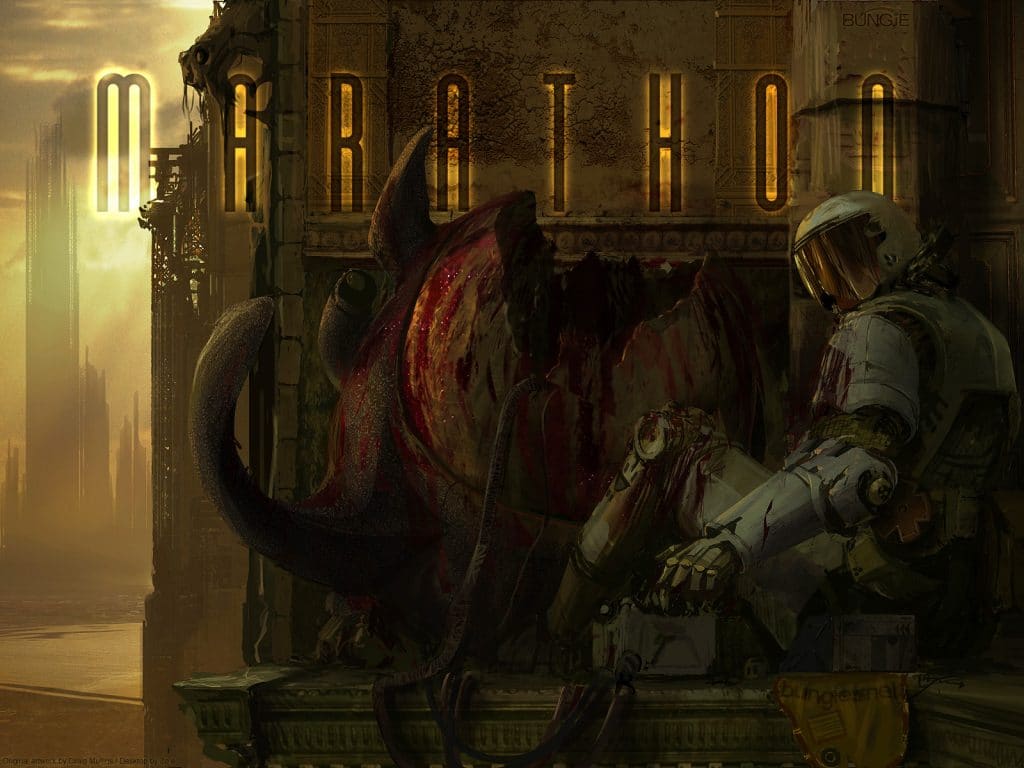"Marathon 2: Durandal" promo art, showing the main character sitting on a balcony overlooking a sci-fi city next to an alien corpse.