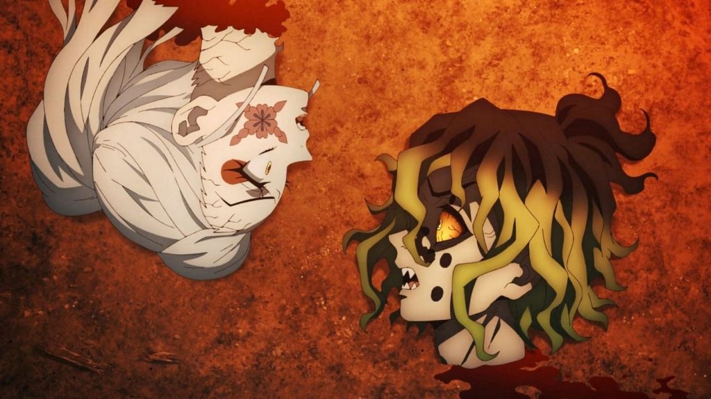 Demon Slayer: Entertainment District Arc Ep. 10 "Never Give Up" screenshot showing Daki and Gyutaro's severed heads staring at each other, stunned. Very stunned.