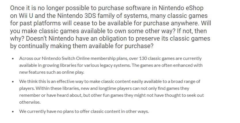 Nintendo's insistence that you won't be able to purchase classic games anywhere else but on Nintendo Switch Online.