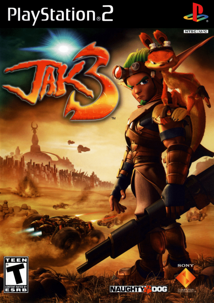 "Jak 3" box art, showing Jak and Daxter standing in front of a Mad Max-like landscape.