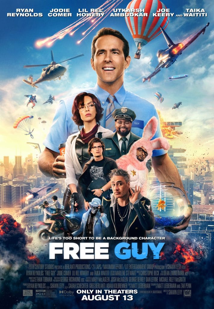 "Free Guy" theatrical poster with too many things going on to describe.