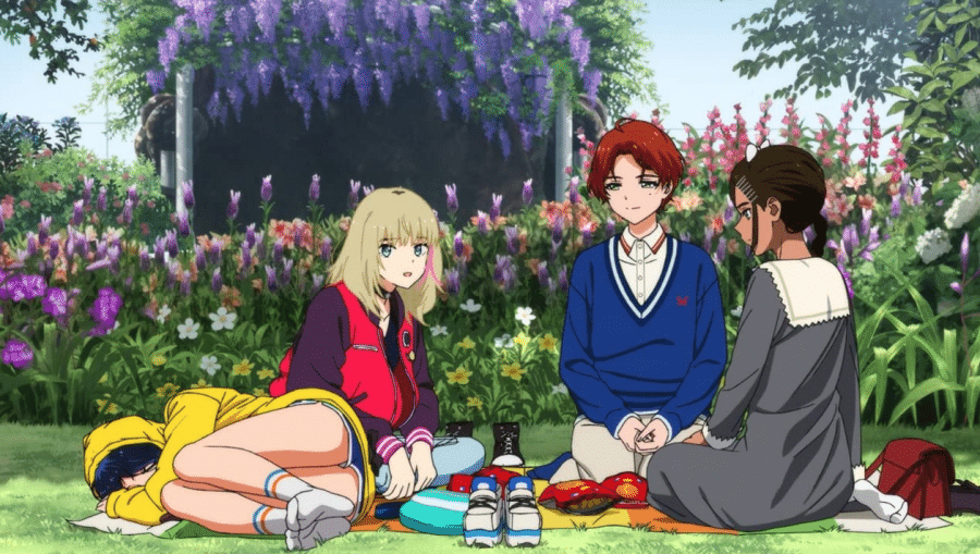 "Wonder Egg Priority" screenshot showing the main characters happily having a peaceful picnic together. This doesn't last.