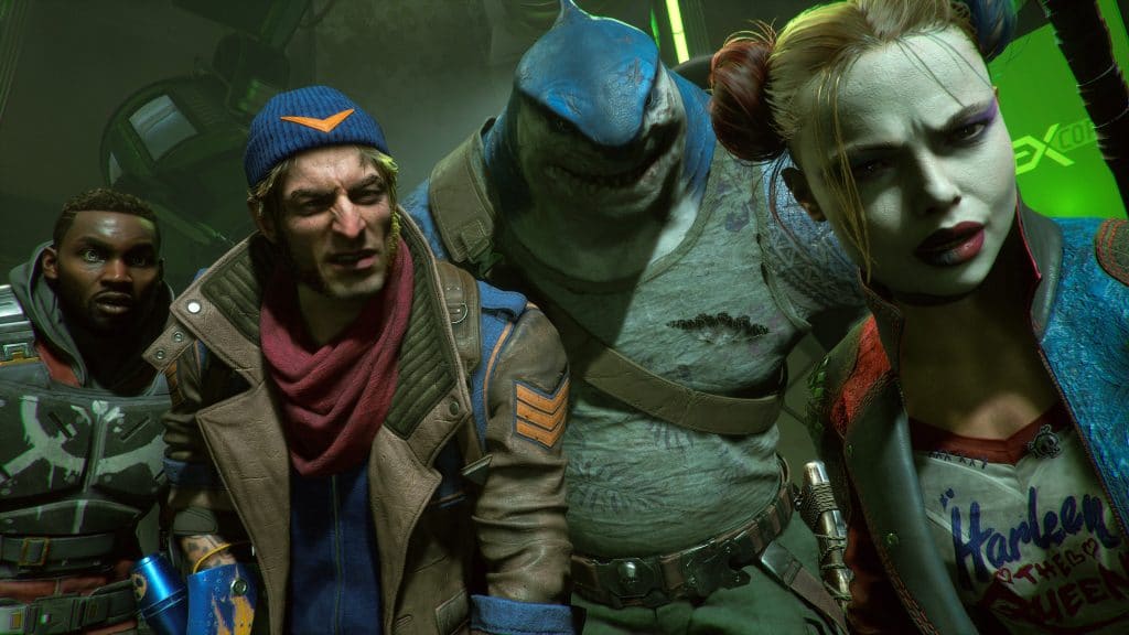 "Suicide Squad: Kill the Justice League" screenshot, showing said squad not looking too happy. That's usually a bad sign.