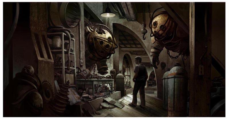 Concept art from the cancelled 2013 "Bioshock" film, showing a man standing amidst some broken Big Daddy suits.