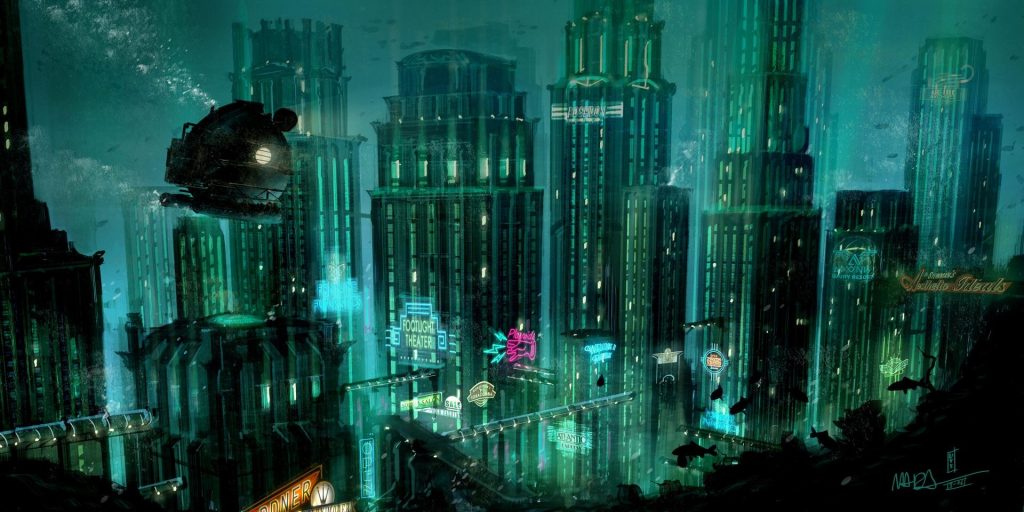 Concept art from the cancelled 2013 "Bioshock" film, showing the underwater cityscape of Rapture.