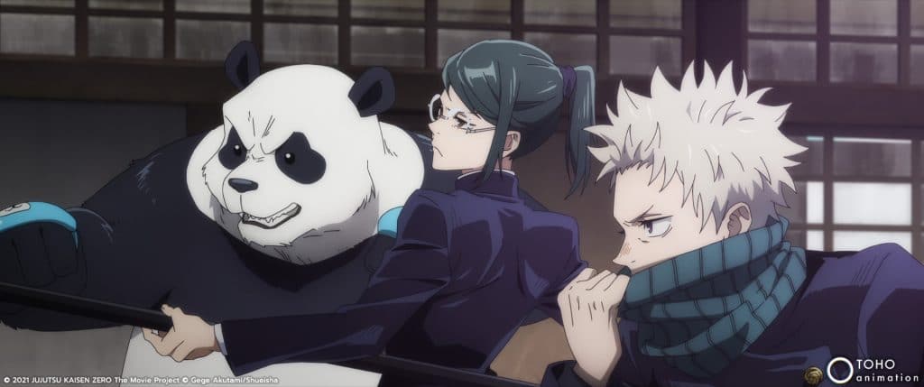 "Jujutsu Kaisen 0" screenshot showing 2 members of the Demon Slayer Corps and a panda...dammit, wrong anime again!