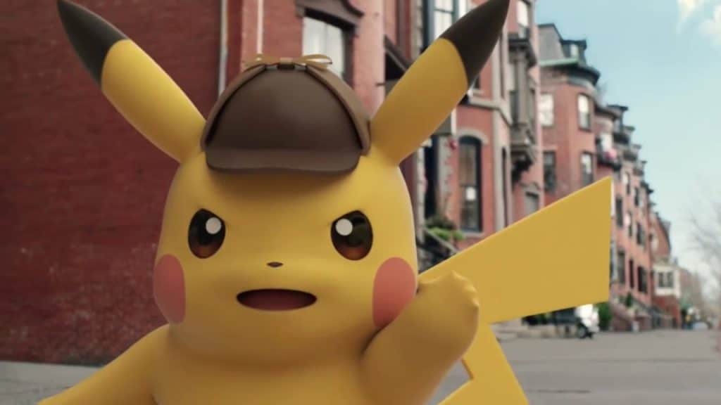 "Detective Pikachu" Japanese game trailer screenshot, showing a very determined-looking Pikachu being adorably serious.