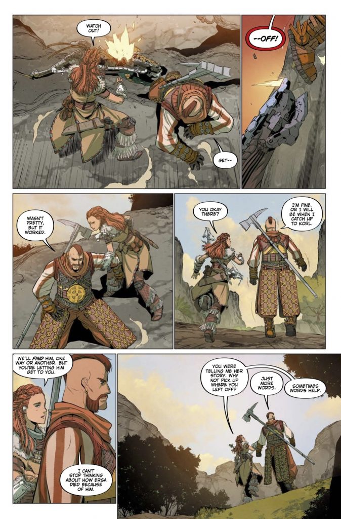 "Horizon Zero Dawn: Liberation" preview page 1, featuring Erend almost becoming breakfast for a Stalker.