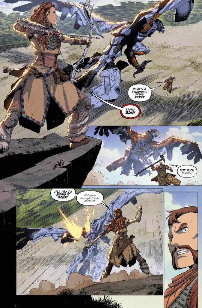 "Horizon Zero Dawn: Liberation" preview page 4, showing Aloy shooting a Stormbird with frost arrows before it plays catch with Erend.