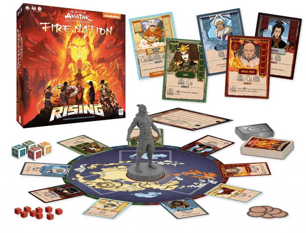 "Avatar: The Last Airbender Fire Nation Rising" game pieces, cards, dice, board, and giant plastic Ozai.