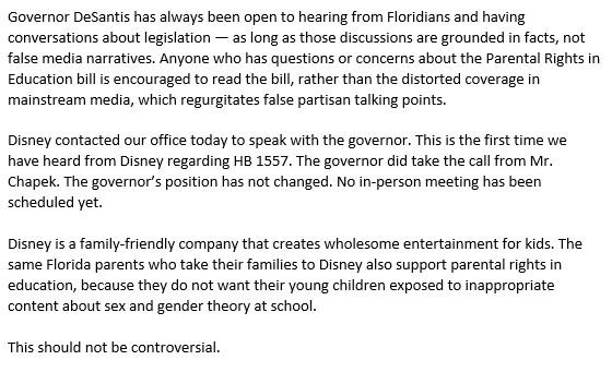 Florida Governor Ron DeSantis' statement in response to Bob Chapek's official opposition to the "Don't Say Gay" bill.