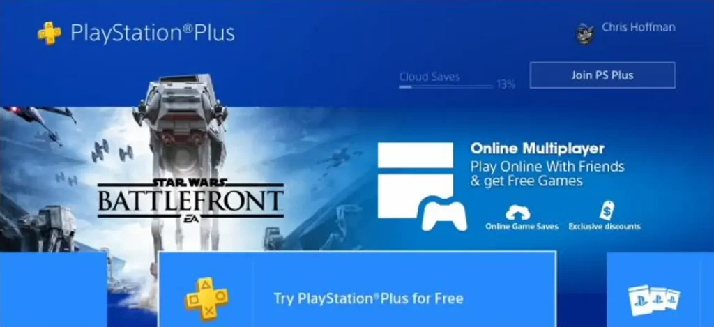 PlayStation Plus screenshot featuring "Star Wars: Battlefront" by EA.