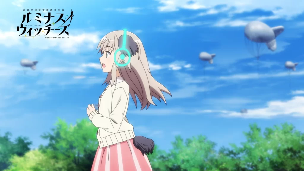 "Luminous Witches" official trailer screenshot featuring Virginia singing her heart out on a sunny day with barrage balloons in the background.
