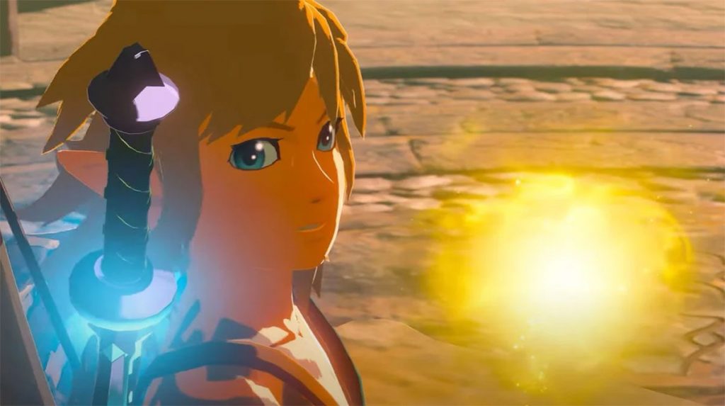 "The Legend of Zelda: Breath of the Wild 2" update video screenshot showing Link with a glowing yellow sprite.