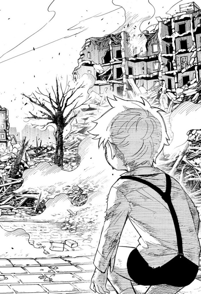 "Spy x Family" Ch. 62.2 screenshot depicting a young Loid gazing at the ruins of his town's square post-artillery bombardment.