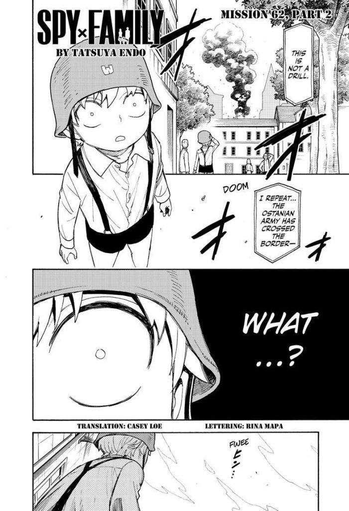 "Spy x family" CH  62.2 Screenshot showing young Loid staring in shock at the distant plume of artillery smoke.