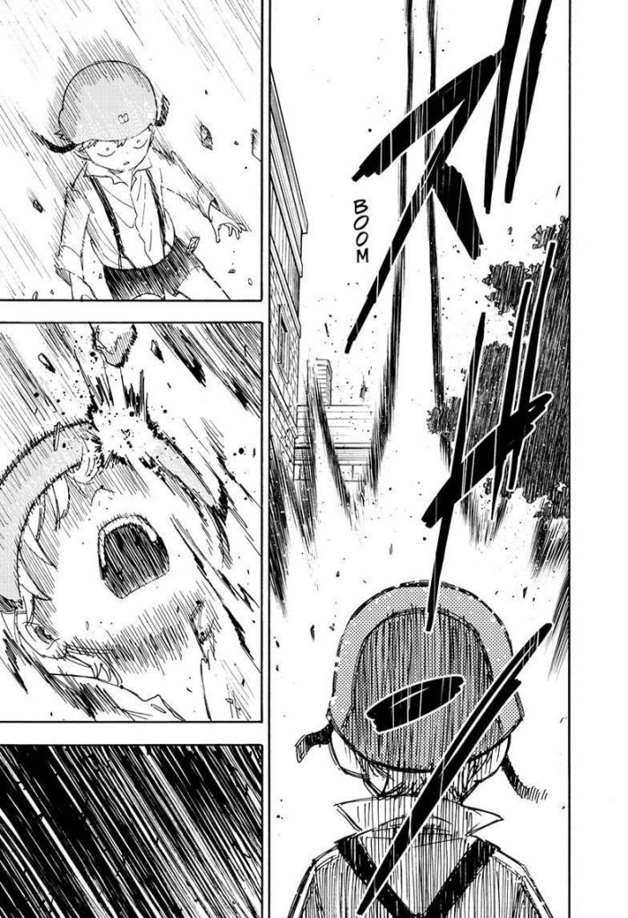 "Spy x family" CH  62.2 screenshot showing young Loid getting a little too close to an exploding artillery shell and not dying only because of his military helmet.