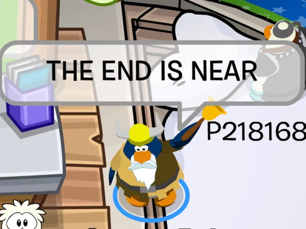 "Club Penguin Rewritten" screenshot showing a penguin waving a bell, saying "THE END IS NEAR".