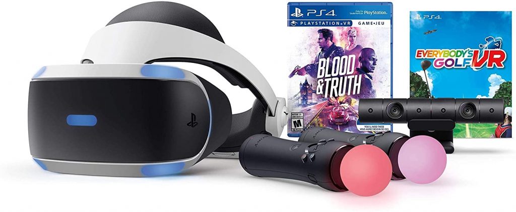 PlayStation VR headset, camera, and goofy controllers plus "Blood & Truth" and "Everybody's Golf VR".
