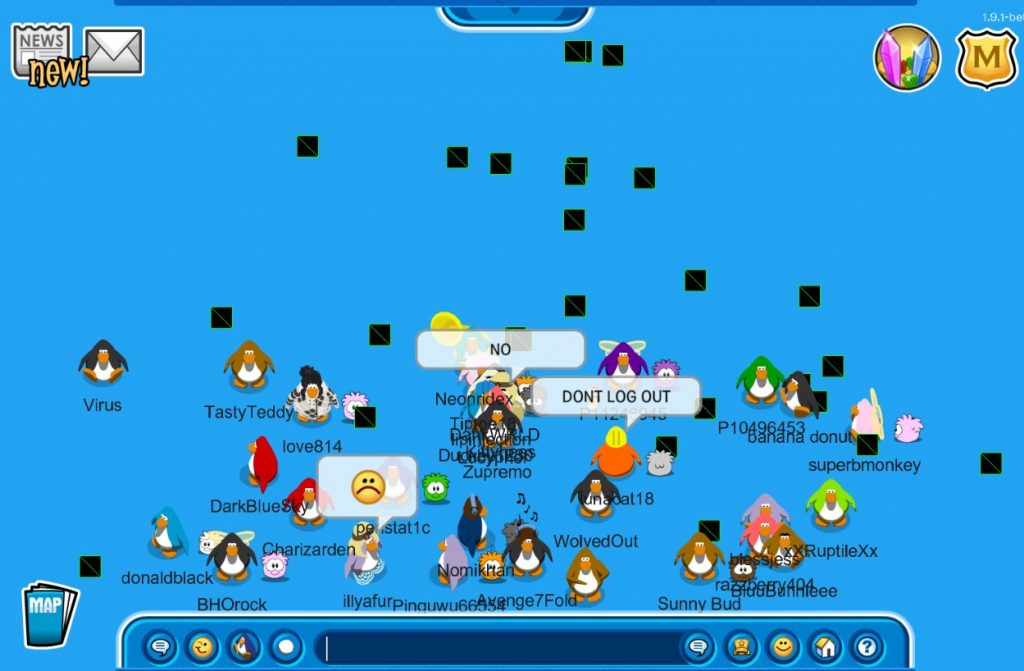 "Club Penguin Rewritten" screenshot depicting the game slowly being shut down as players frantically try to keep their penguin avatars on the screen.