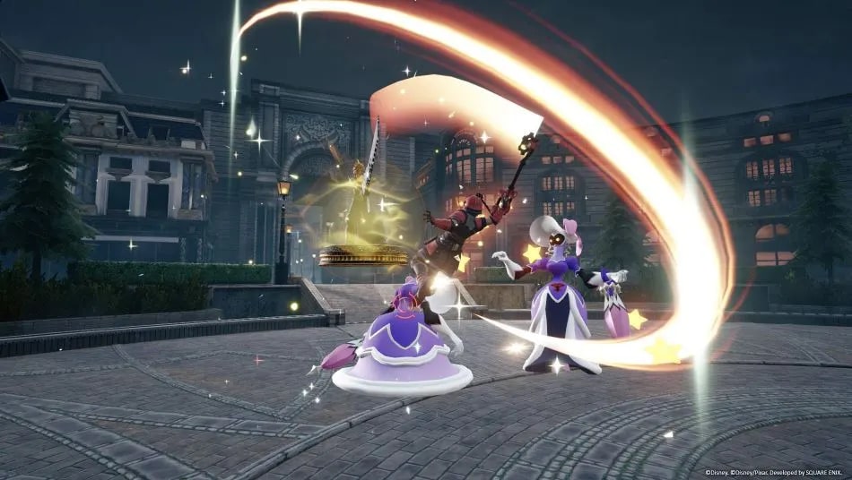 "Kingdom Hearts Missing-Link" screenshot showing an unknown Keyblade wielder fighting Heartless in an empty city.