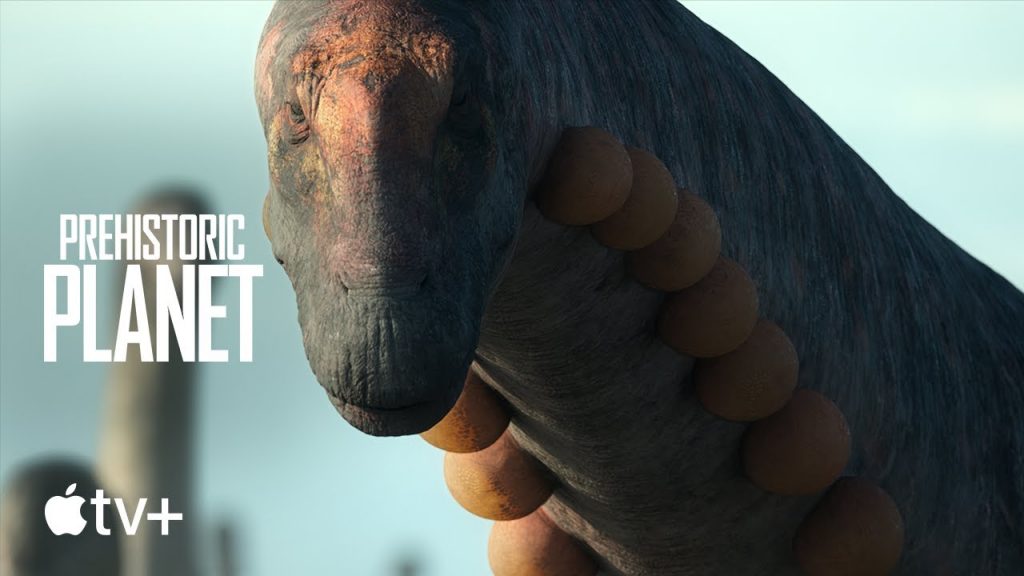 "Prehistoric Planet" key art showing off the sauropod with the rows of inflatable throat sacs.