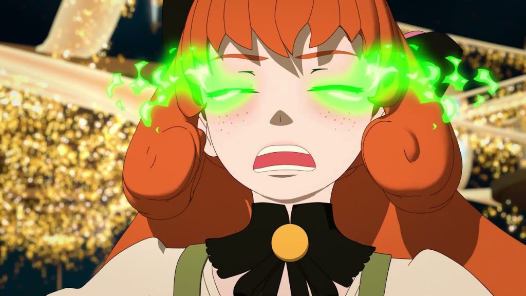 "RWBY Volume 8" screenshot showing Penny in the process of being impaled by Cinder. Not shown: the actual impaling.