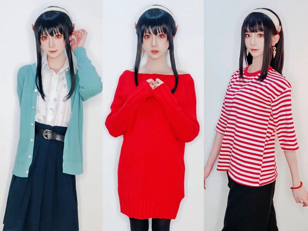Cosplayer Kitaro_cos cosplaying Yor in 3 of her normal outfits.