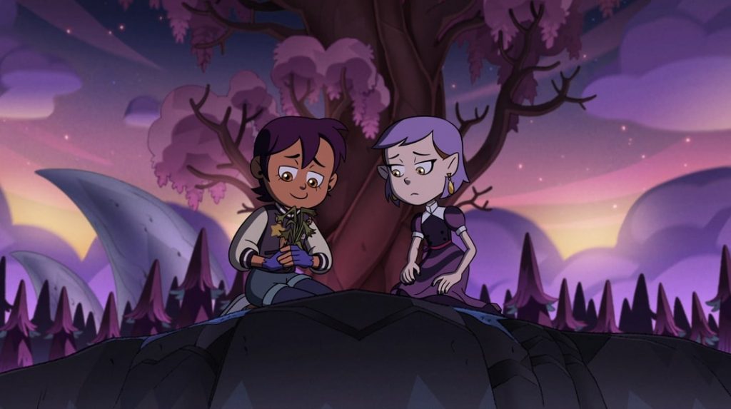 "The Owl House Season 2 Ep. 14 "Reaching Out"" screenshot showing a depressed Luz holding a bunch of sad-looking flowers next to Amity.