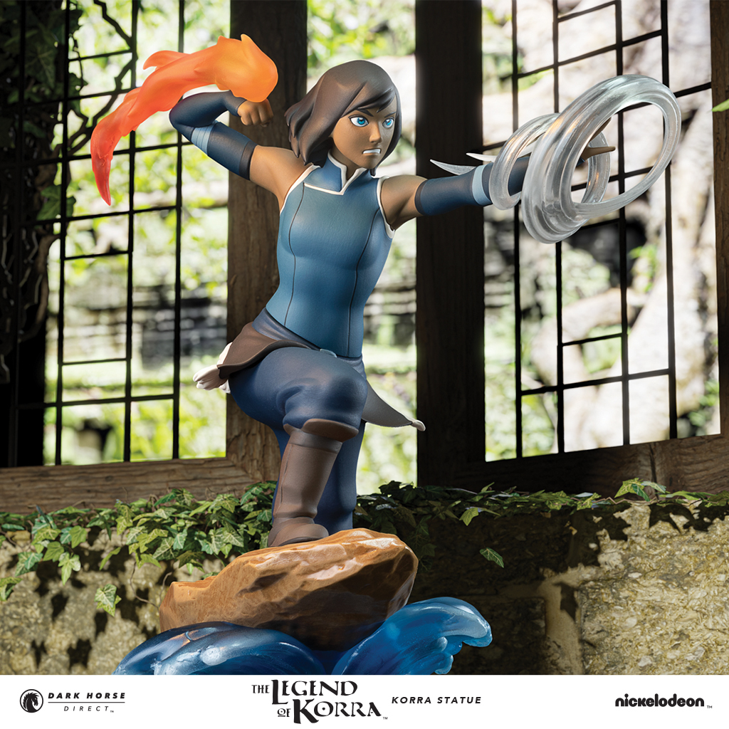 Korra Statue posed against a lush background.