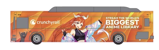 San Diego city bus painted in Crunchyroll-hime colors.