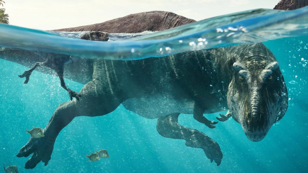 "Prehistoric Planet" key art focusing on the swimming Tyrannosaurus.