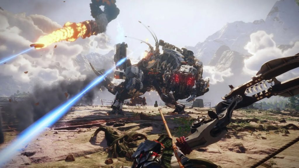 "Horizon Call of the Mountain" gameplay trailer screenshot showing Ryas fighting a Thunderjaw.