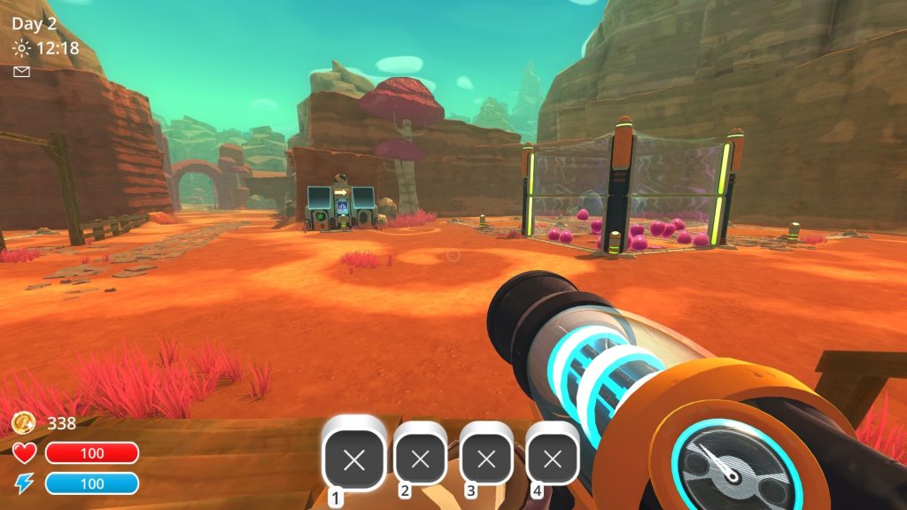 "Slime Rancher" screenshot showing your ranch as seen from the doorstep, mostly empty save for a corral filled with pink slimes.