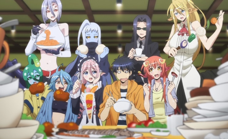 "Monster Musume" OVA 1 screenshot showing Kimihito and the monster girls chowing down on a massive buffet.