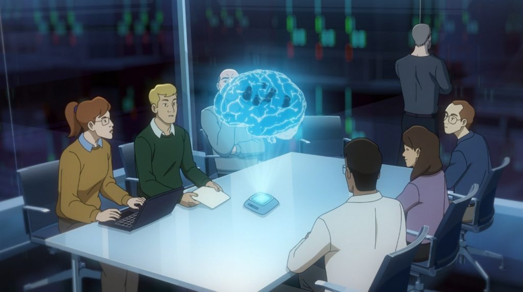 "Pantheon" screenshot showing a bunch of people seated at a desk and staring at a hologram of a human brain.