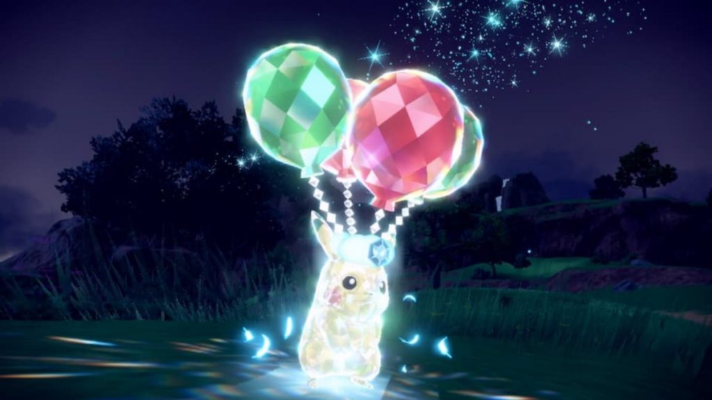 "Pokémon Scarlet" and "Violet" screenshot showing a Pikachu in Terastal form with those crystal balloons, thus multiplying its cuteness.