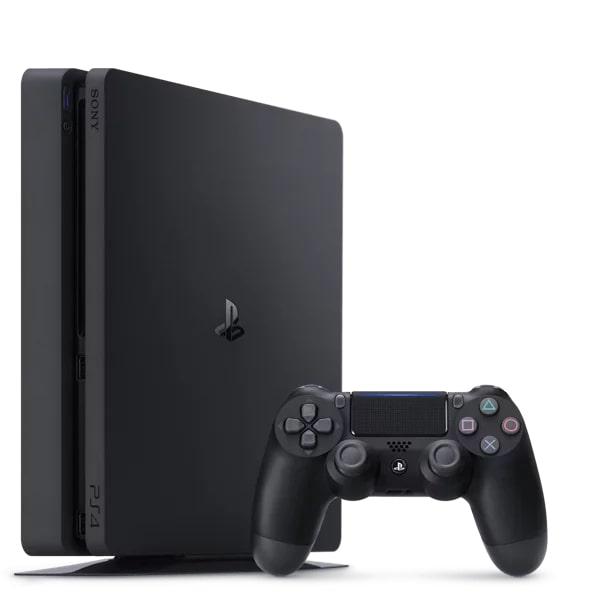 PS4 Slim standing on edge next to a DualShock 4 controller.