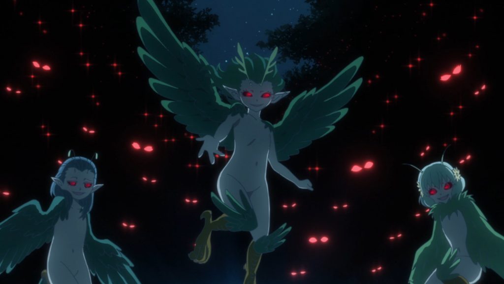 "The Ancient Magus' Bride" screenshot depicting some very creepy fae with red eyes glowing in the night.