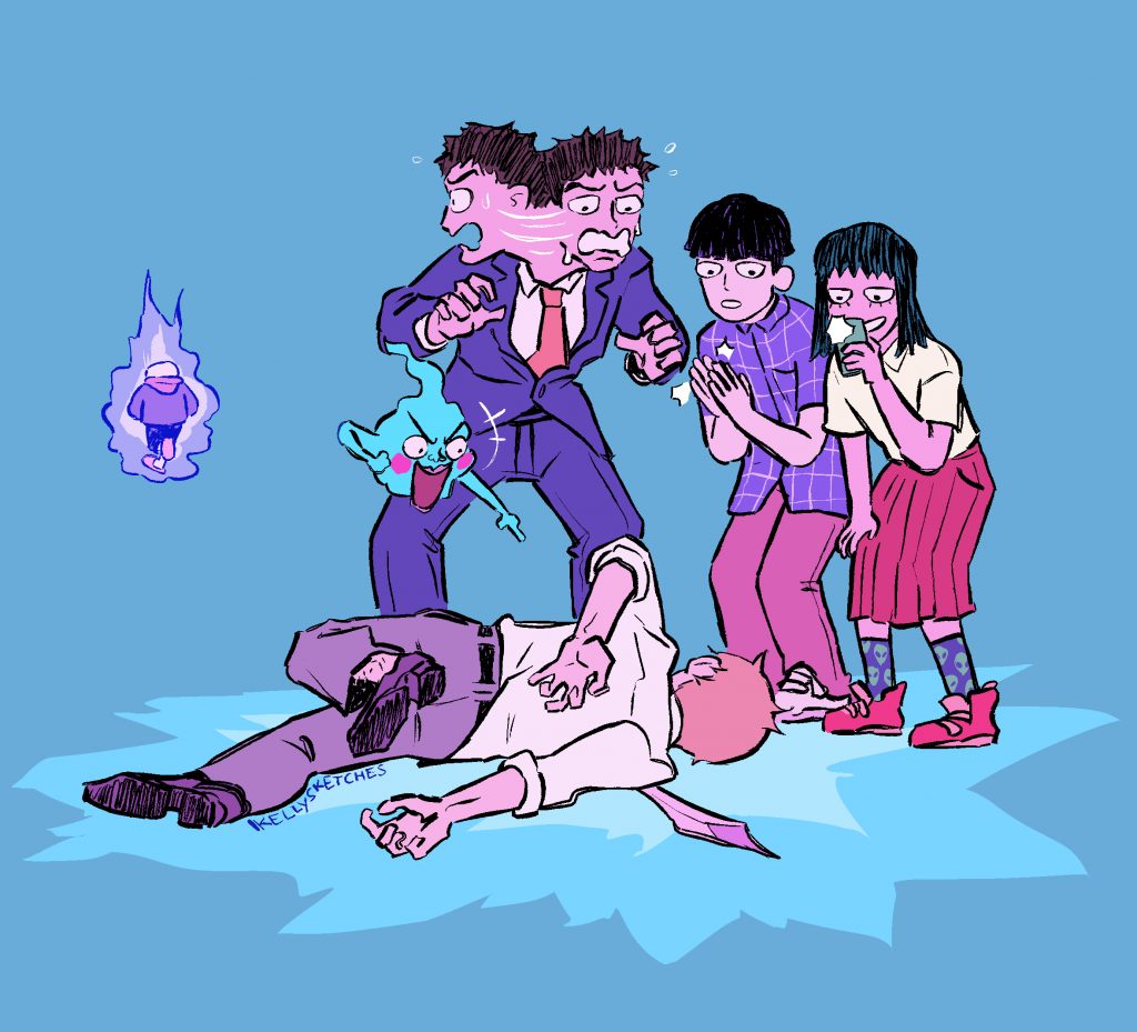 Fanart of a defeated Reigen surrounded by his friends from Mob Psycho 100 as Sans walks away in the background by Kelly!.