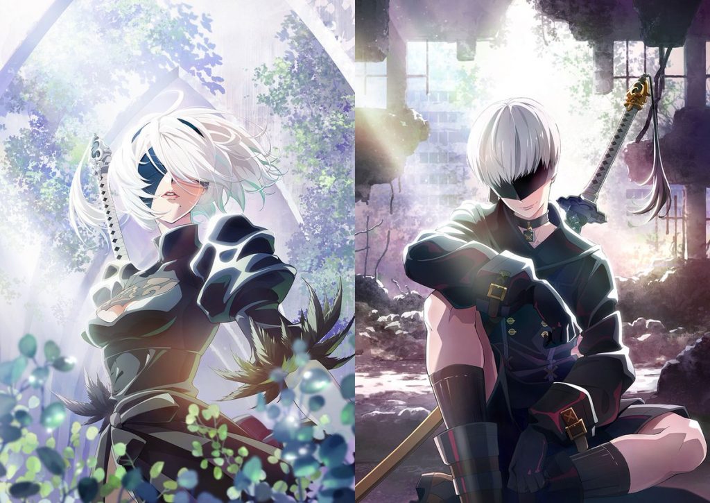 "Nier: Automata Ver1.1a" 2B key art and  9S key art placed side by side.