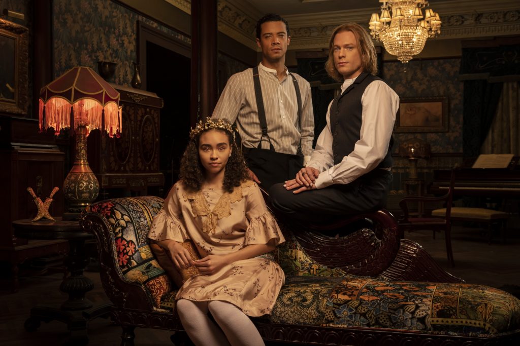 (L to R): Bailey Bass as Claudia, Jacob Anderson as Louis, and Sam Reid as Lestat in Interview with the Vampire