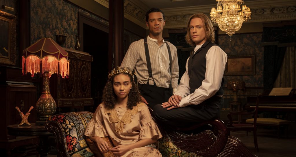 (L to R): Bailey Bass as Claudia, Jacob Anderson as Louis, and Sam Reid as Lestat in Interview with the Vampire